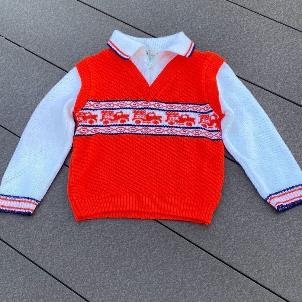 Vintage baby boys knit sweater crochet size 18 months red and white